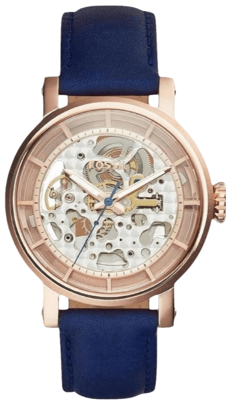 Fossil Original Boyfriend Skeleton White Dial Blue Leather Strap Watch for Women - ME3086