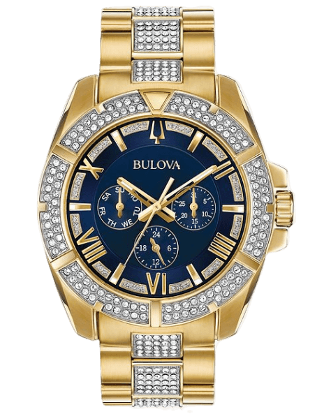 Bulova Crystal Collection Blue Dial Gold Steel Strap Watch for Men - 98C128
