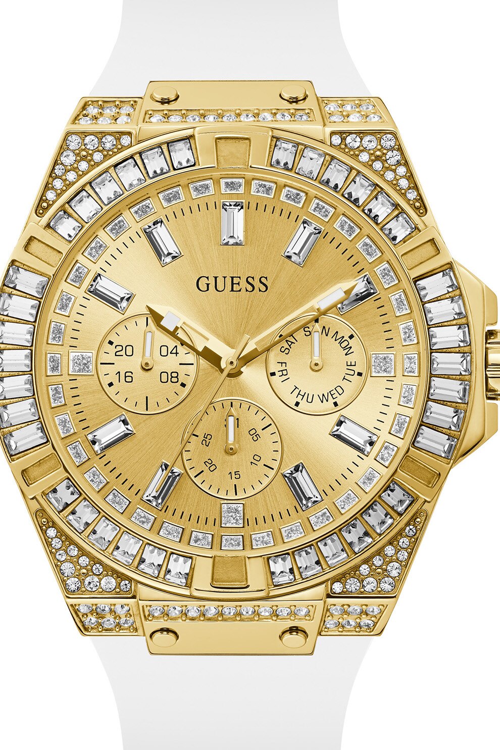 Guess Baguette Crystals Gold Dial White Silicone Strap Watch For Men - GW0208G3
