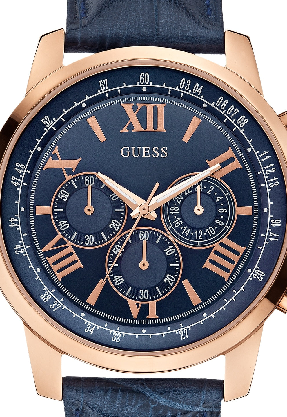 Guess Horizon Chronograph Blue Dial Blue Leather Strap Watch For Men - W0380G5