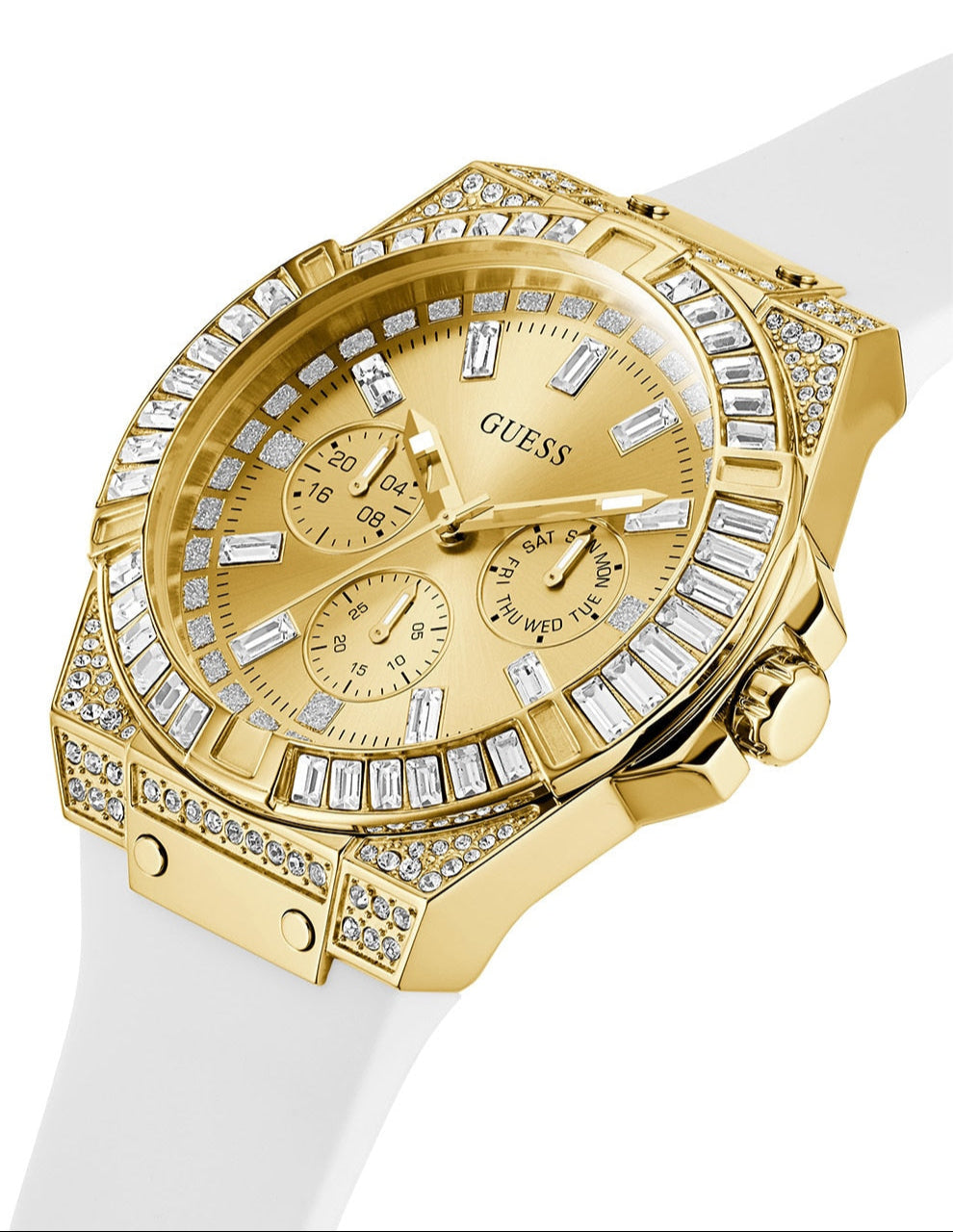 Guess Baguette Crystals Gold Dial White Silicone Strap Watch For Men - GW0208G3