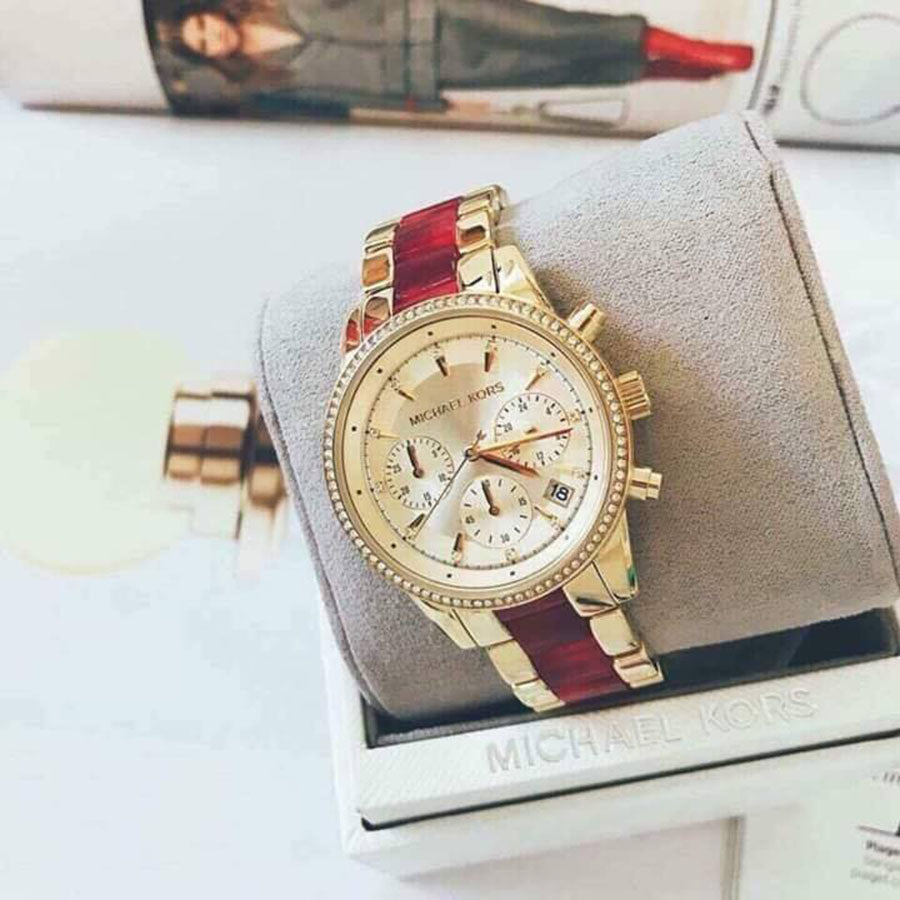 Michael Kors Ritz Chronograph Gold Dial Two Tone Steel Strap Watch For Women - MK6517