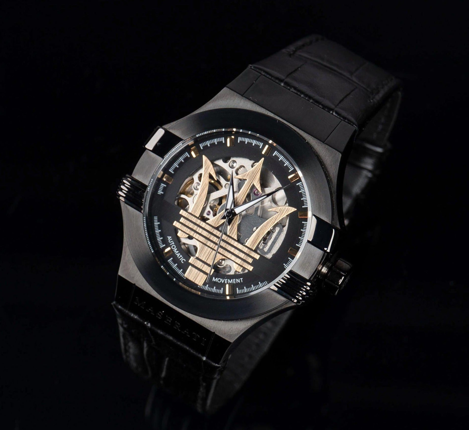 Maserati Potenza Automatic Black Dial Black Leather Strap Watch For Men - R8821108036