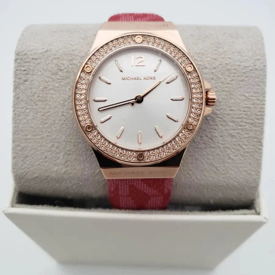 Michael Kors Lennox Three Hand Silver Dial Red Leather Strap Watch For Women - MK7308