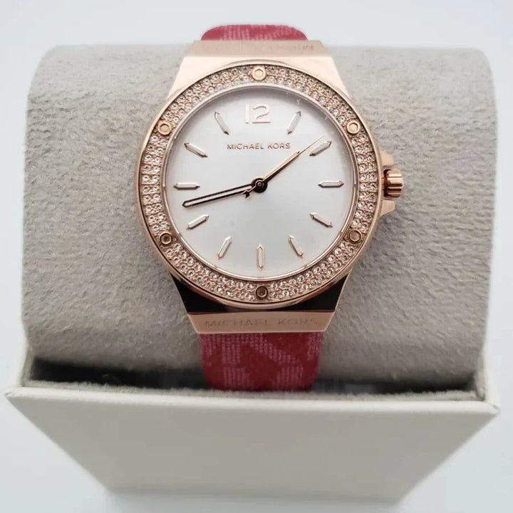 Michael Kors Lennox Three Hand Silver Dial Red Leather Strap Watch For Women - MK7308