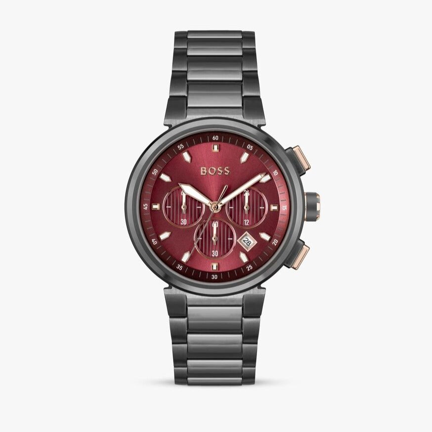 Hugo Boss One Chronograph Red Dial Grey Steel Strap Watch For Men - 1514000