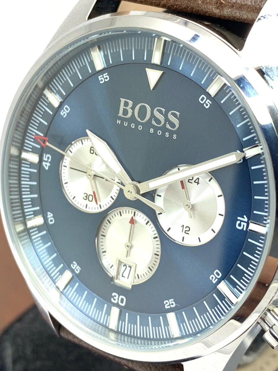 Hugo Boss Pioneer Chronograph Blue Dial Brown Leather Strap Watch For Men - 1513709