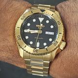 Seiko 5 Sports Automatic Black Dial Gold Steel Strap Watch For Men - SRPK18