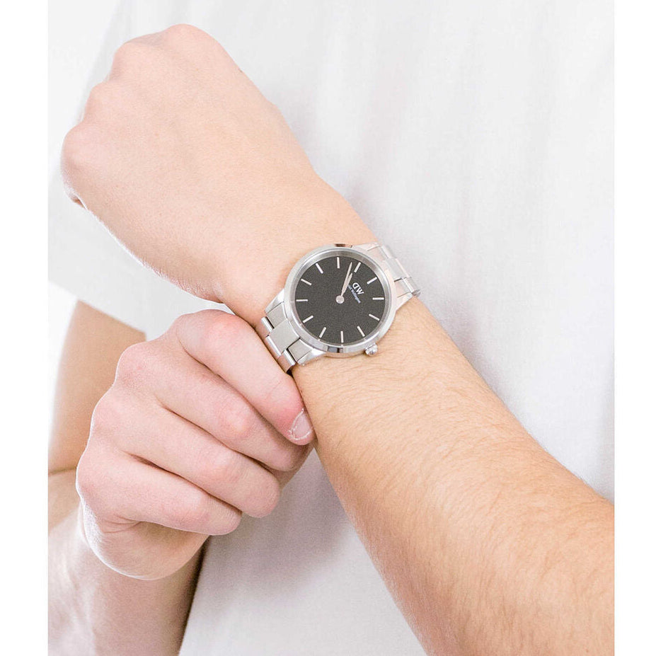 Daniel Wellington Iconic Link Black Dial Silver Steel Strap Watch For Women - DW00100342