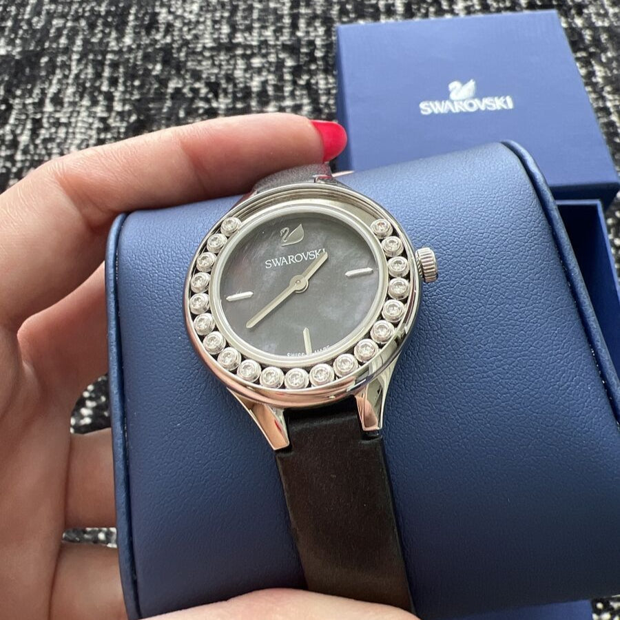 Swarovski Lovely Crystals Mother of Pearl Black Dial Black Leather Strap Watch for Women - 5242898