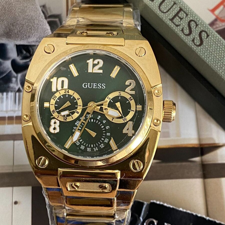 Guess Trend Analog Green Dial Gold Steel Strap Watch For Men - GW0624G2