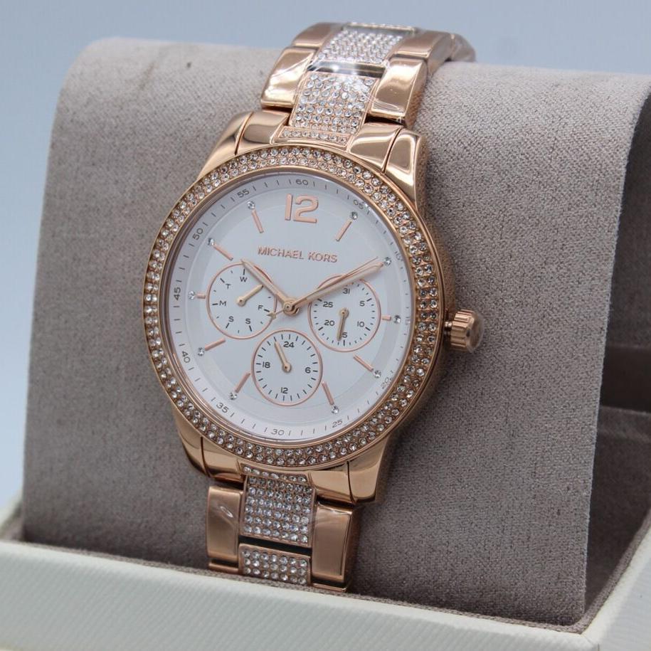 Michael Kors Tibby Chronograph White Dial Rose Gold Steel Strap Watch For Men - MK7293