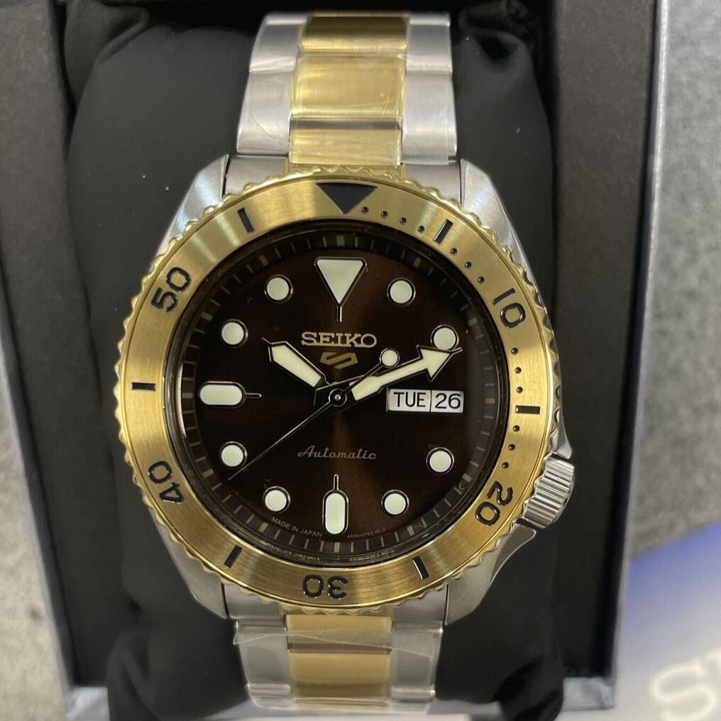 Seiko 5 Sports Automatic Brown Dial Two Tone Steel Strap Watch For Men - SRPK24