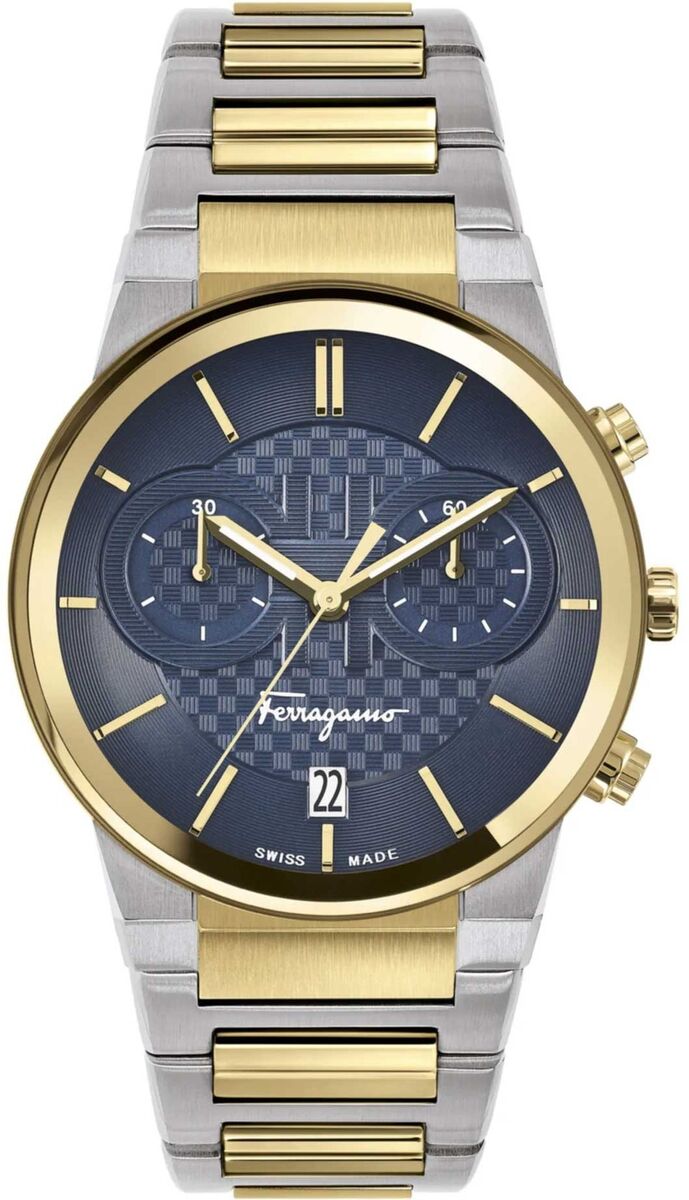 Salvatore Ferragamo Sapphire Chrono Blue Dial Two Tone Steel Strap Watch for Men - SFME00521