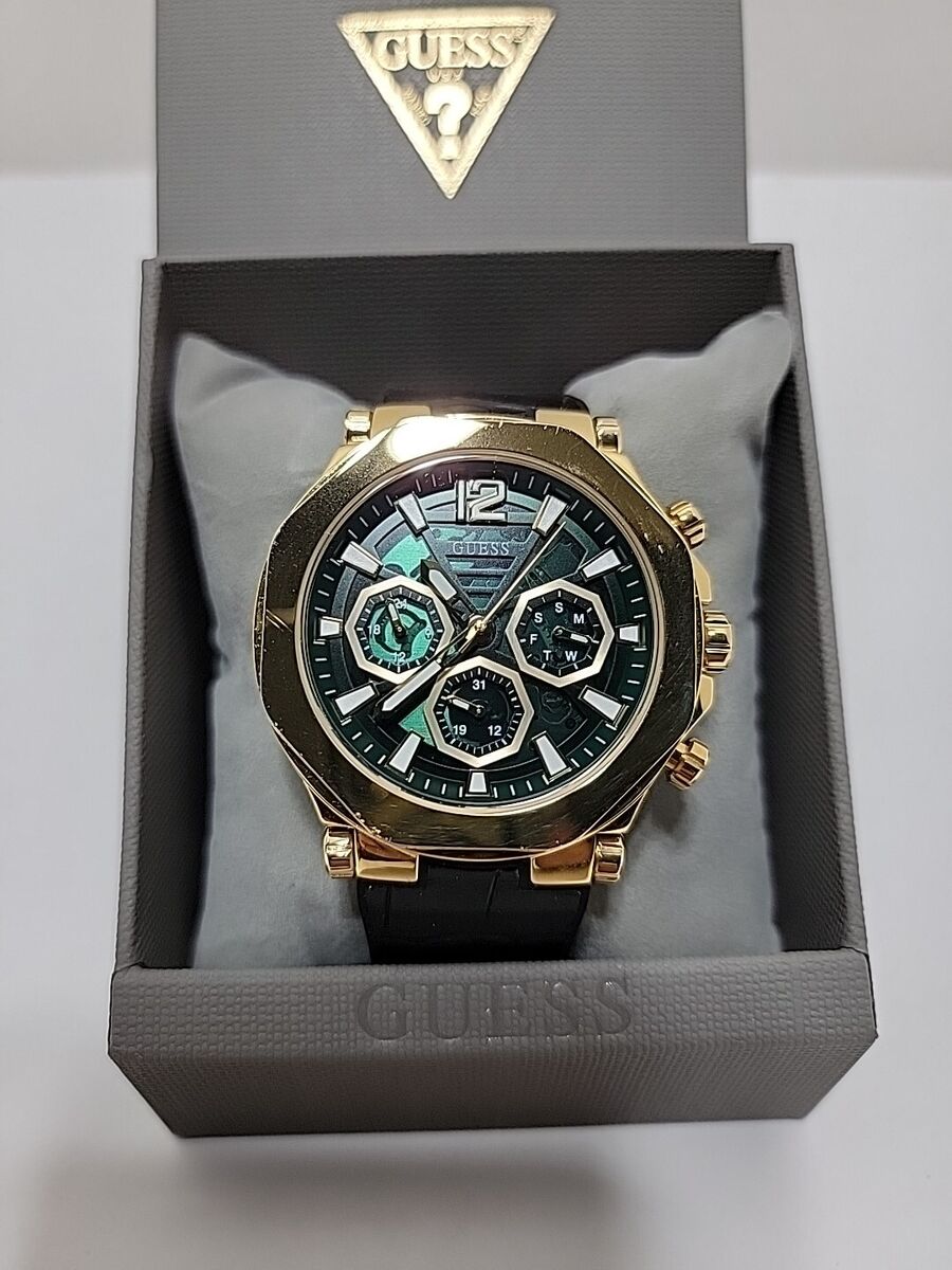 Guess Edge Chronograph Green Dial Black Leather Strap Watch For Men - GW0492G3