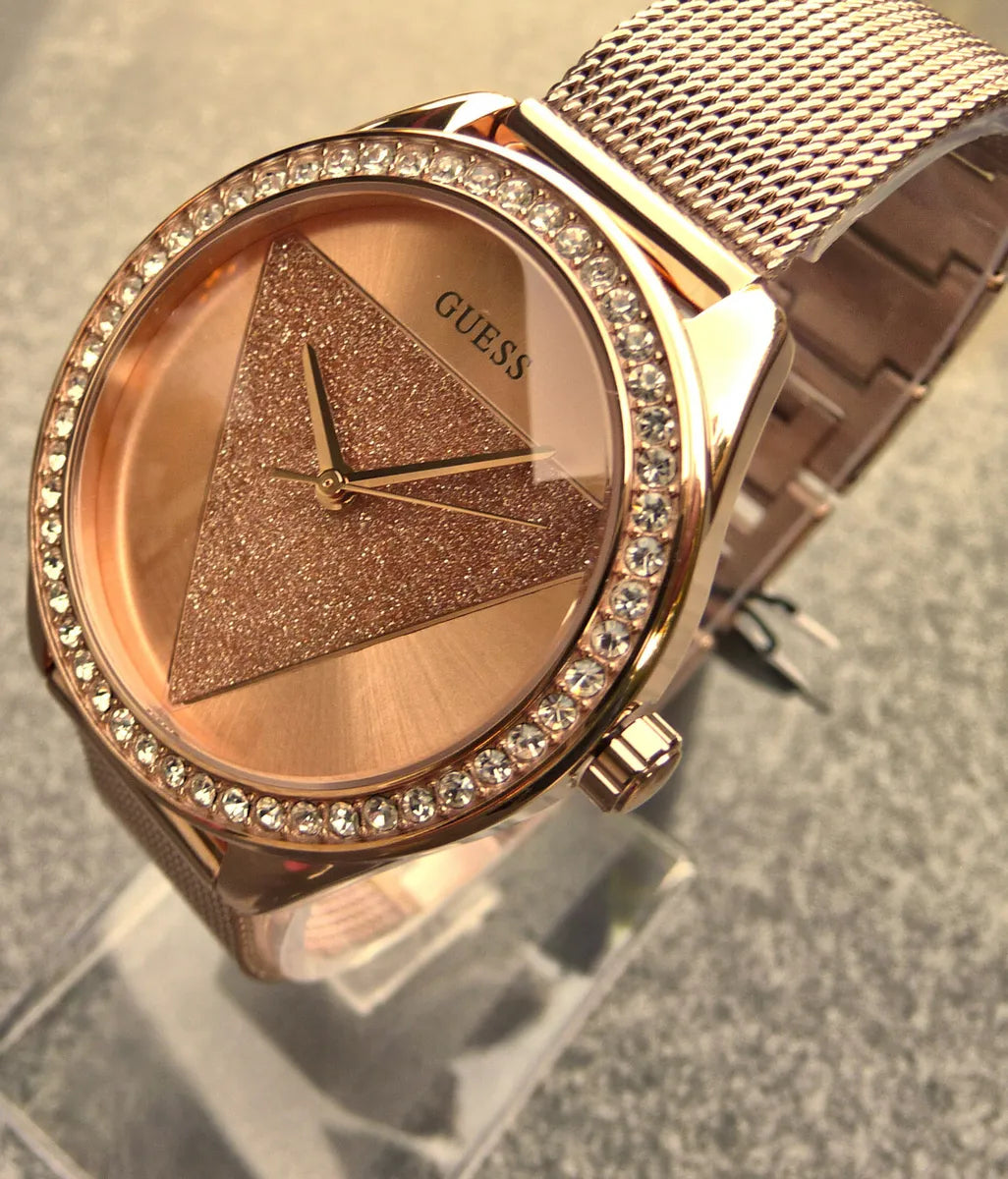 Guess Tri Glitz Quartz Diamonds Rose Gold Dial Rose Gold Mesh Bracelet Watch For Women - W1142L4