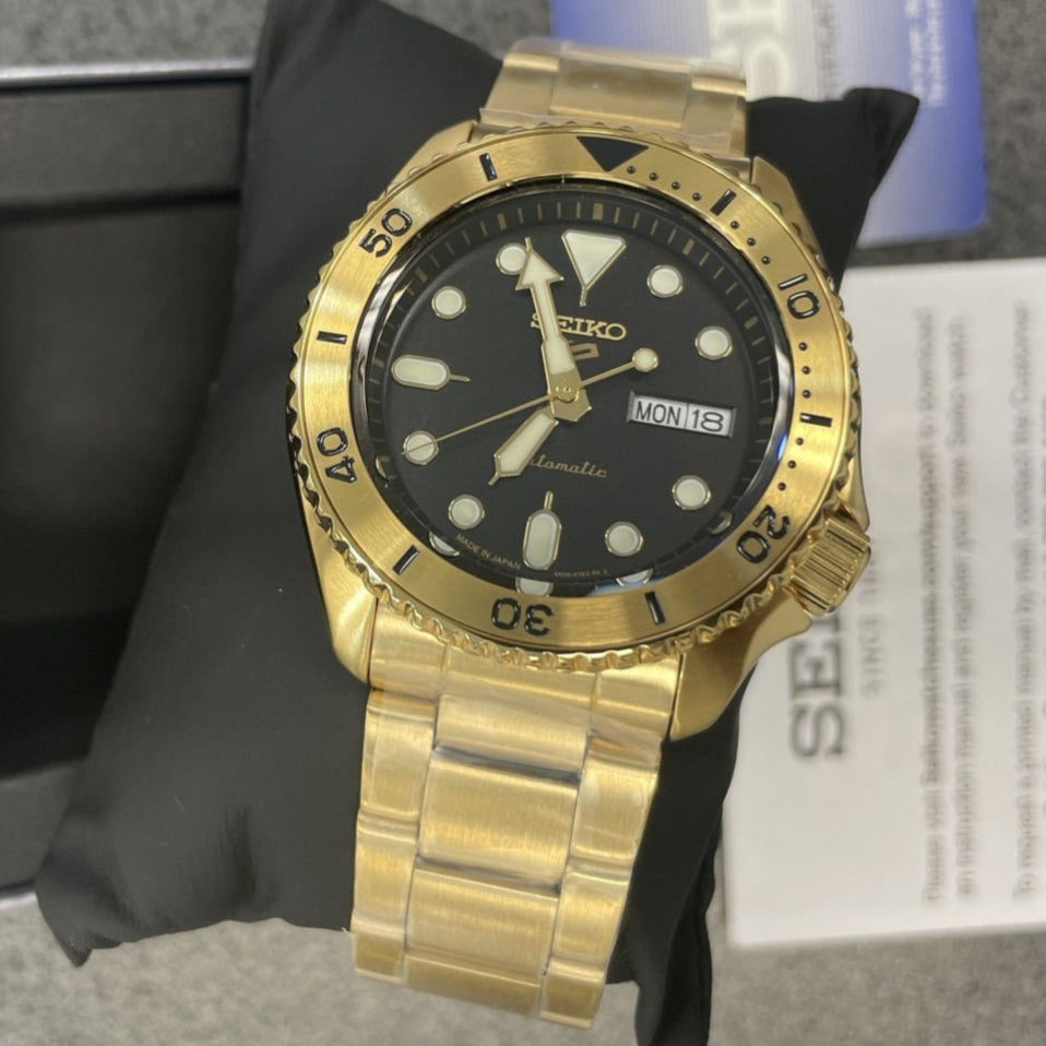 Seiko 5 Sports Automatic Black Dial Gold Steel Strap Watch For Men - SRPK18