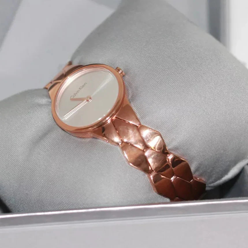 Calvin Klein Snake Silver Dial Rose Gold Steel Strap Watch For Women - K6E23646