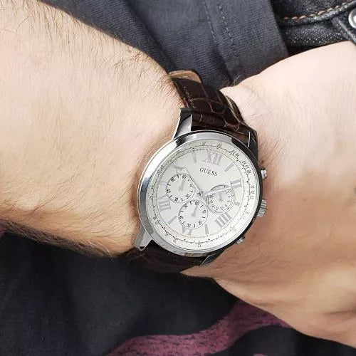 Guess Horizon Chronograph White Dial Brown Leather Strap Watch For Men - W0380G2