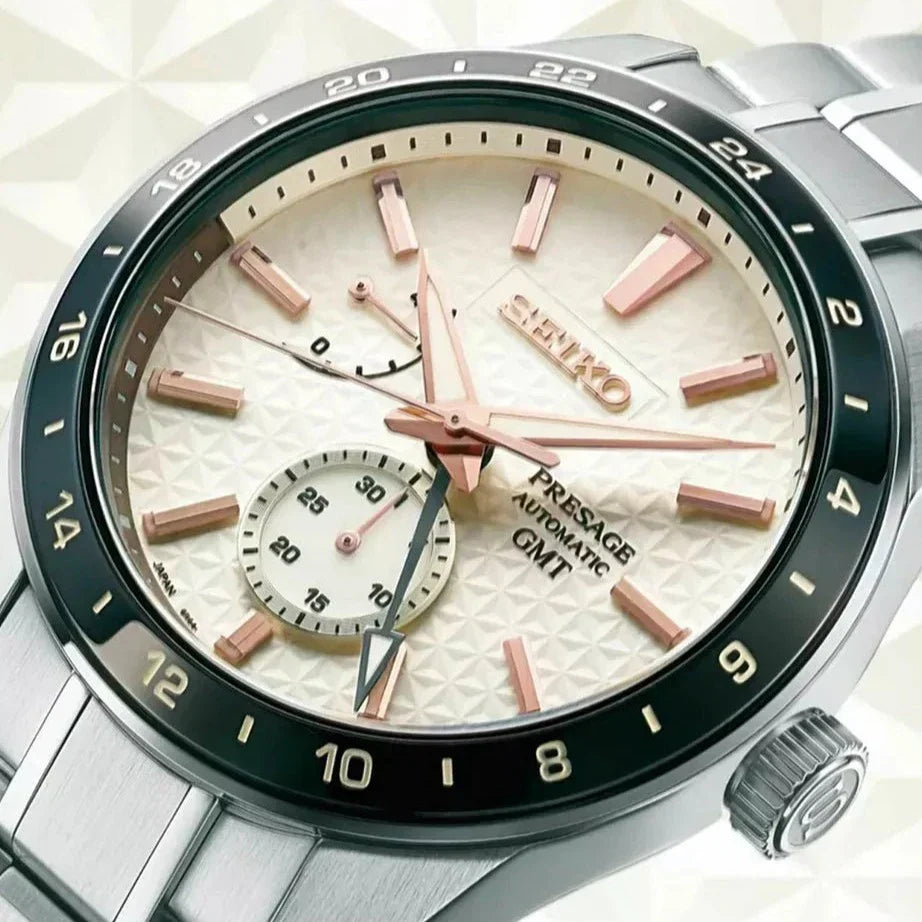 Seiko Presage Sharp Edged Series Automatic GMT Champagne Dial Silver Steel Strap Watch For Men - SPB273J1
