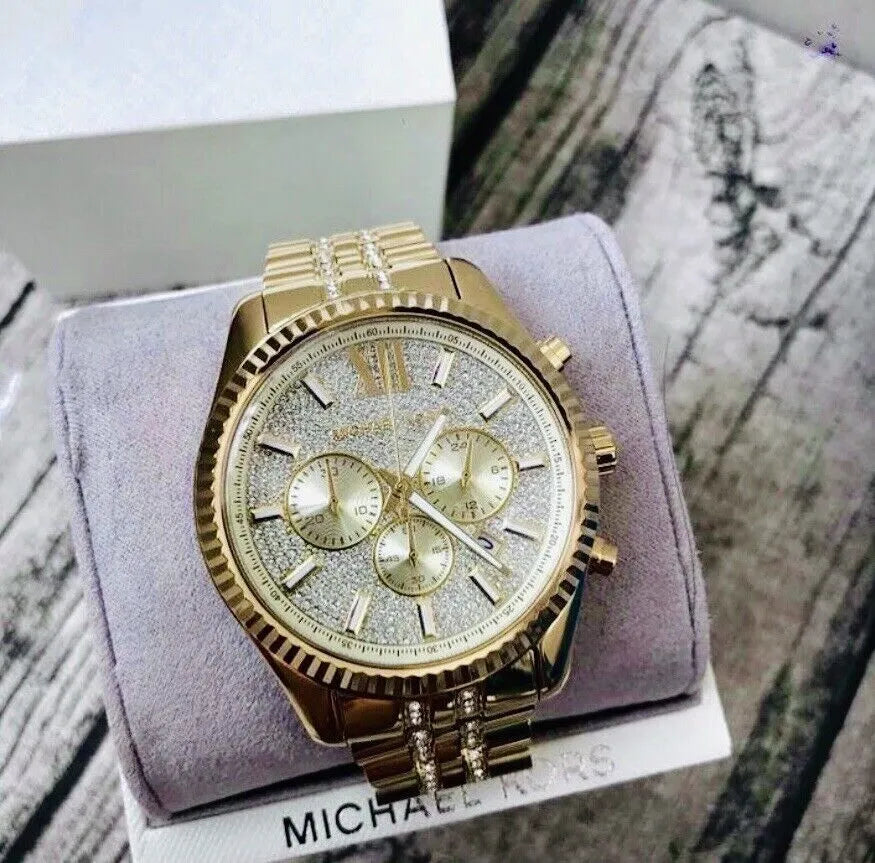 Michael Kors Lexington Chronograph Gold Dial Gold Steel Strap Watch For Men - MK8579