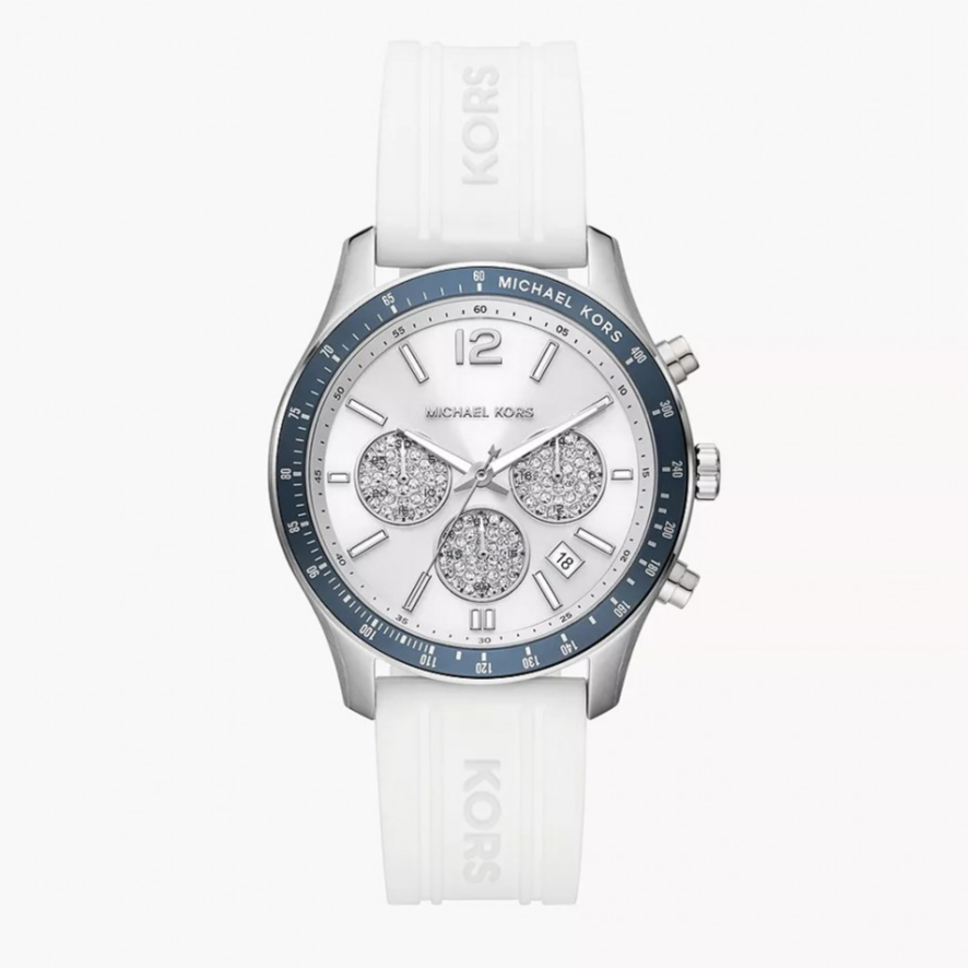 Michael Kors Berkley Chronograph Silver Dial White Rubber Strap Watch For Women - MKO1040