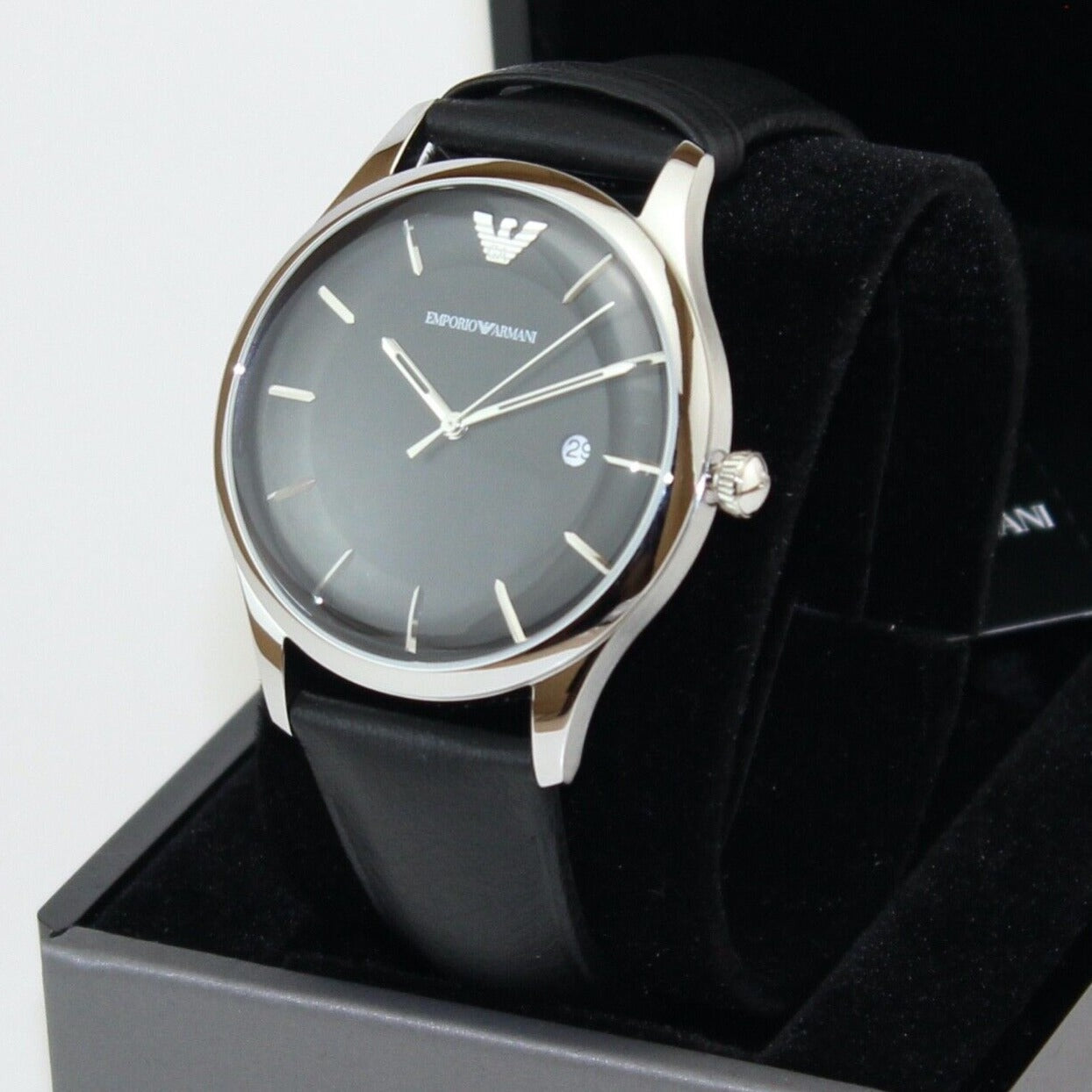 Emporio Armani Lambda Classic Quartz Black Dial Black Leather Strap Watch For Men - AR11020
