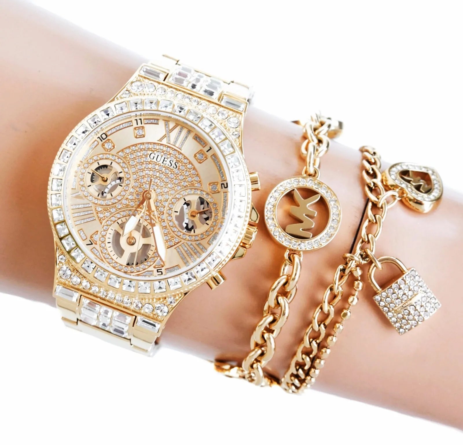 Guess Moonlight Multi Function Diamonds Gold Dial Gold Steel Strap Watch for Women - GW0320L2