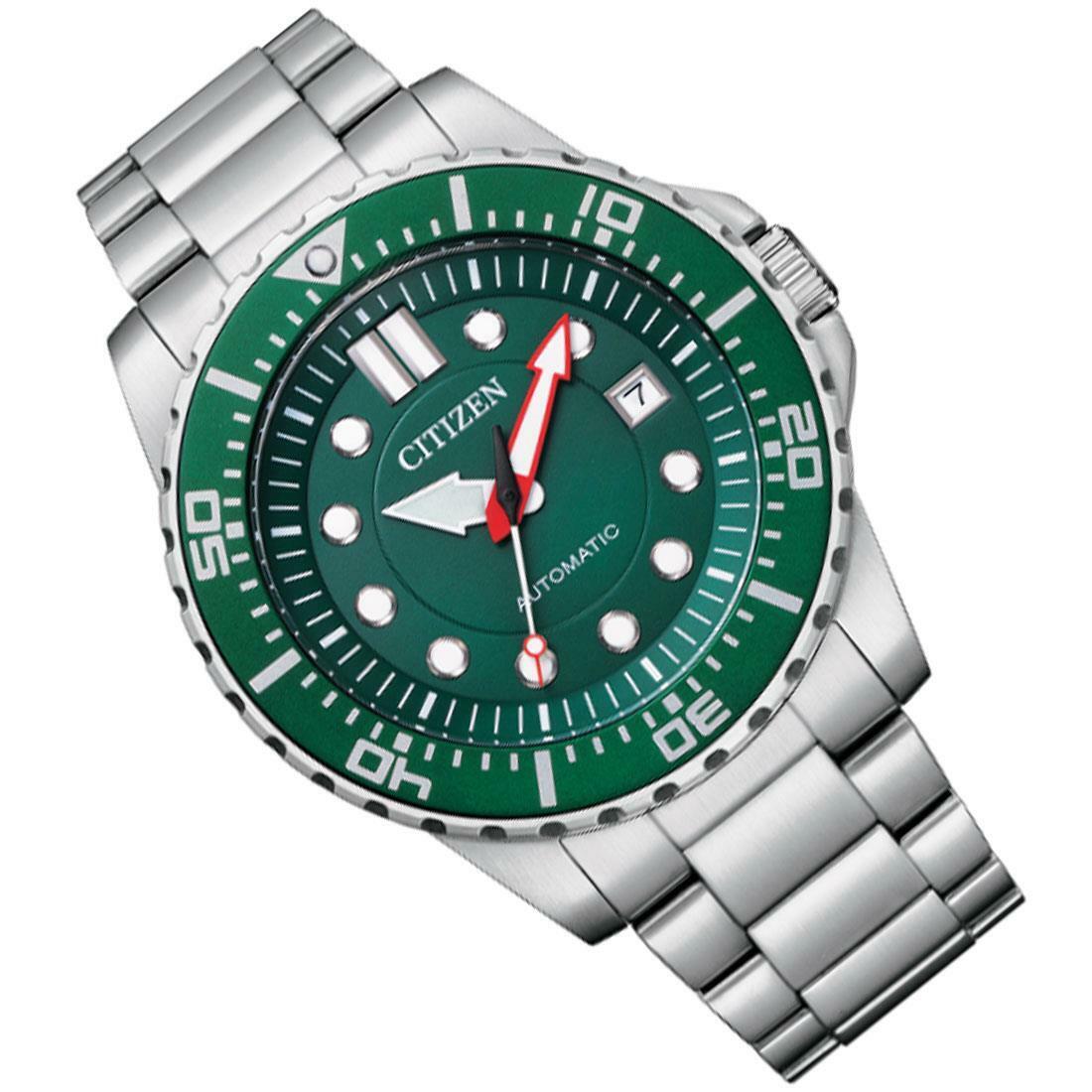 Citizen Promaster Mechanical Green Dial Silver Steel Strap Watch For Men - NJ0129-87X
