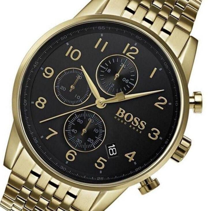 Hugo Boss Navigator Black Dial Gold Steel Strap Watch for Men - 1513531