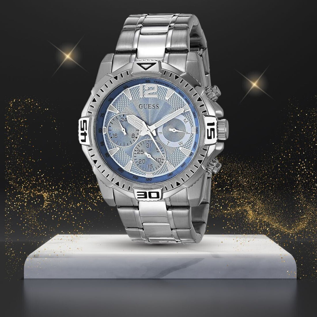 Guess Commander Chronograph Blue Dial Silver Steel Strap Watch for Men - GW0056G2