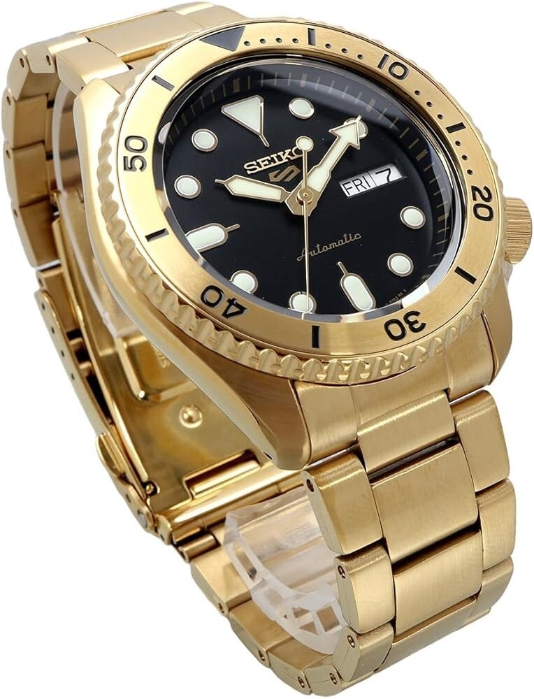 Seiko 5 Sports Automatic Black Dial Gold Steel Strap Watch For Men - SRPK18