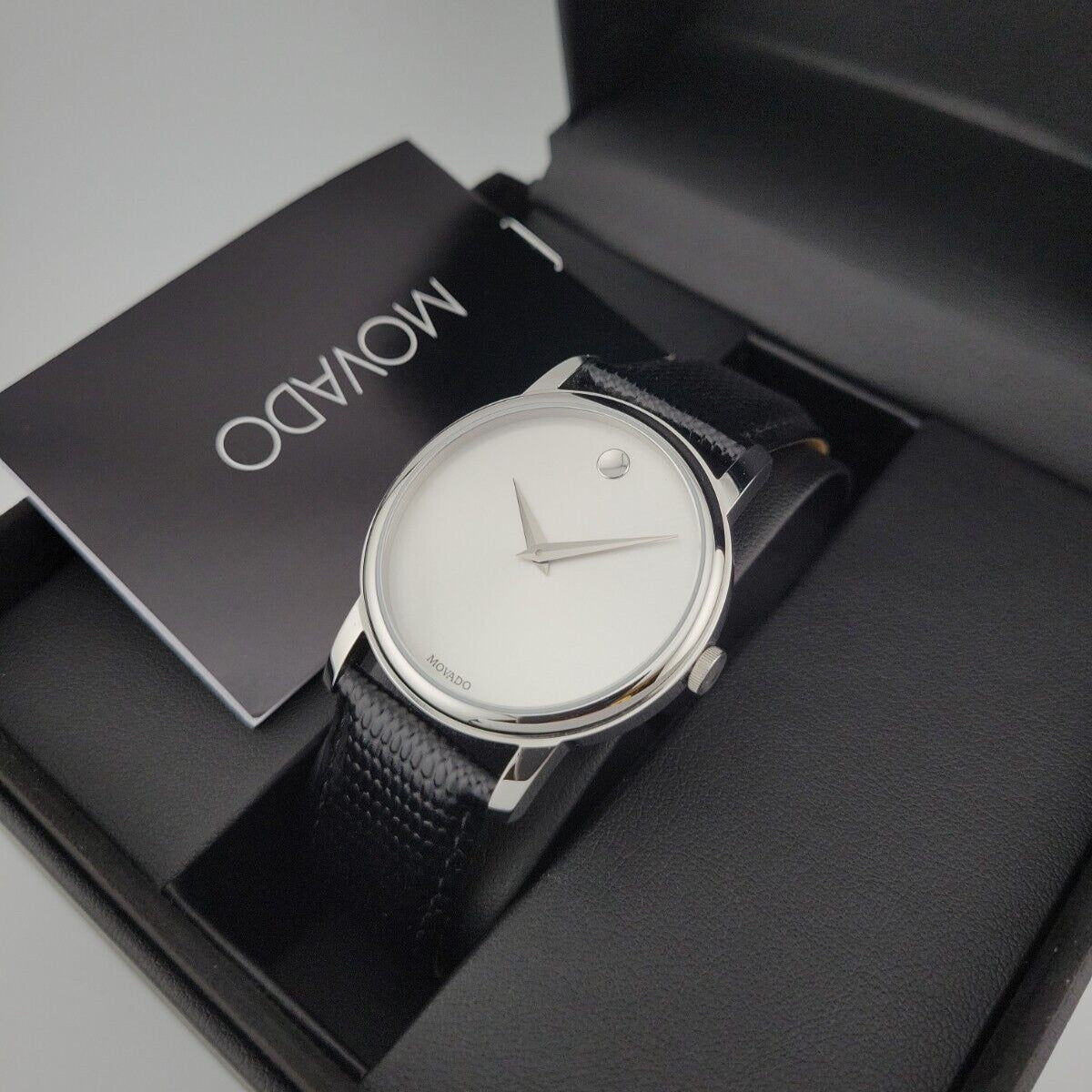 Movado Museum Quartz Silver Dial Black Leather Strap Watch For Men - 2100001