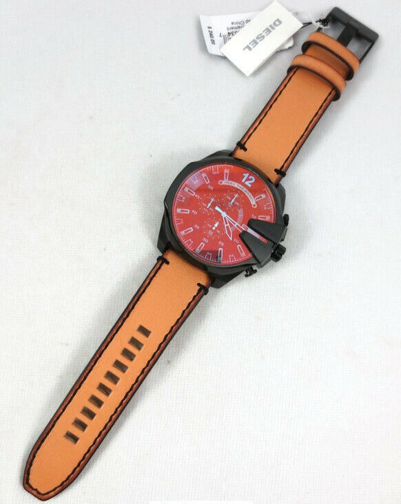 Diesel Mega Chief Chronograph Black Dial Brown Leather Strap Watch For Men - DZ4476