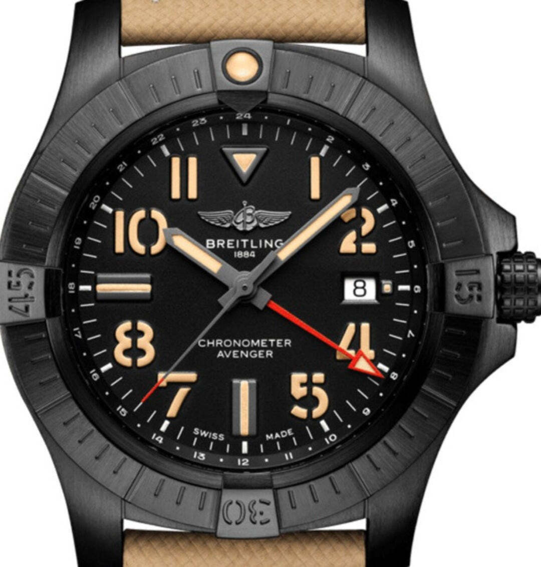 Breitling Avenger Automatic GMT 45 Black Dial Brown Nylon Strap Watch for Men - V32395101B1X1