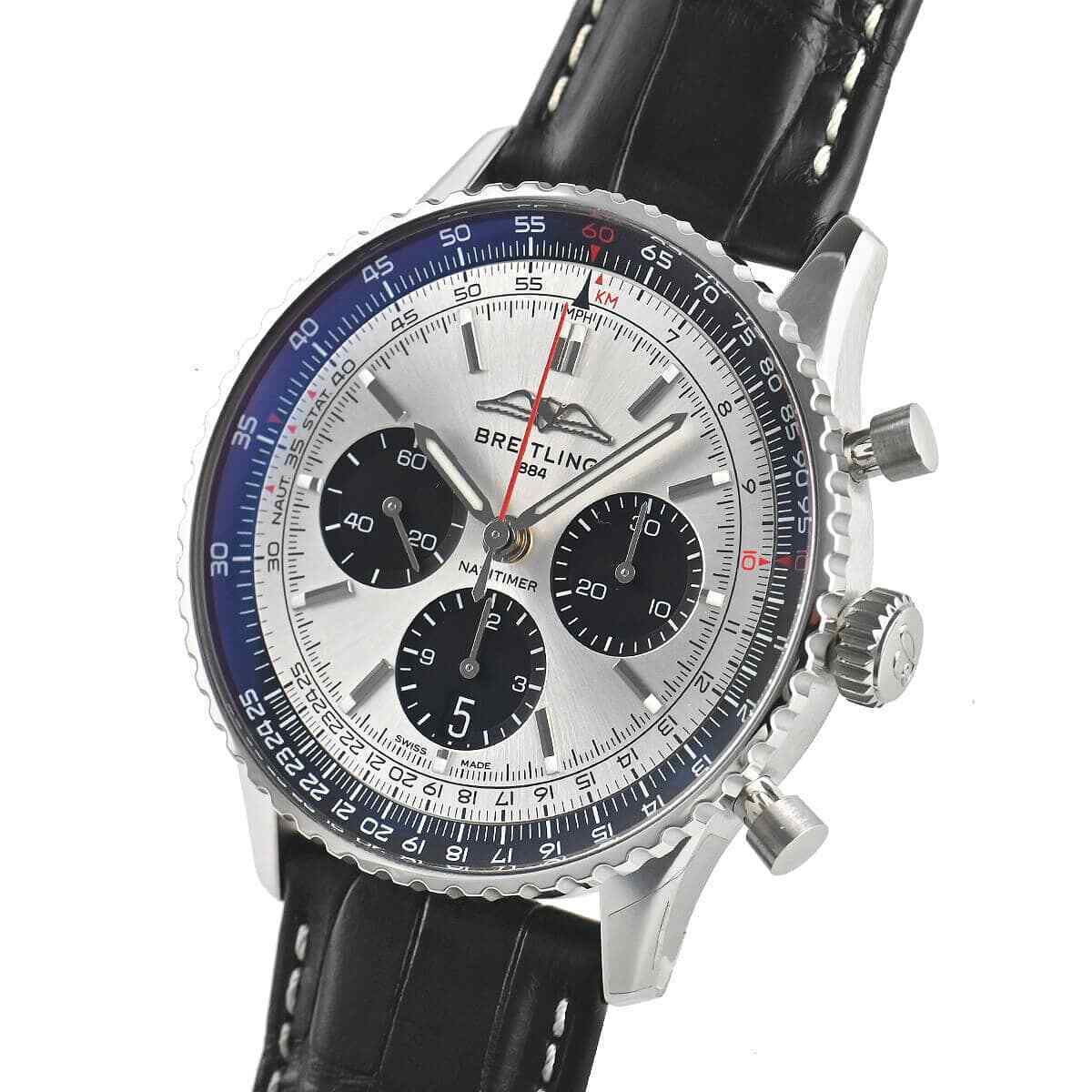 Breitling Navitimer B01 Chronograph 43 Silver Dial Black Leather Strap Watch for Men - AB0138241G1P1