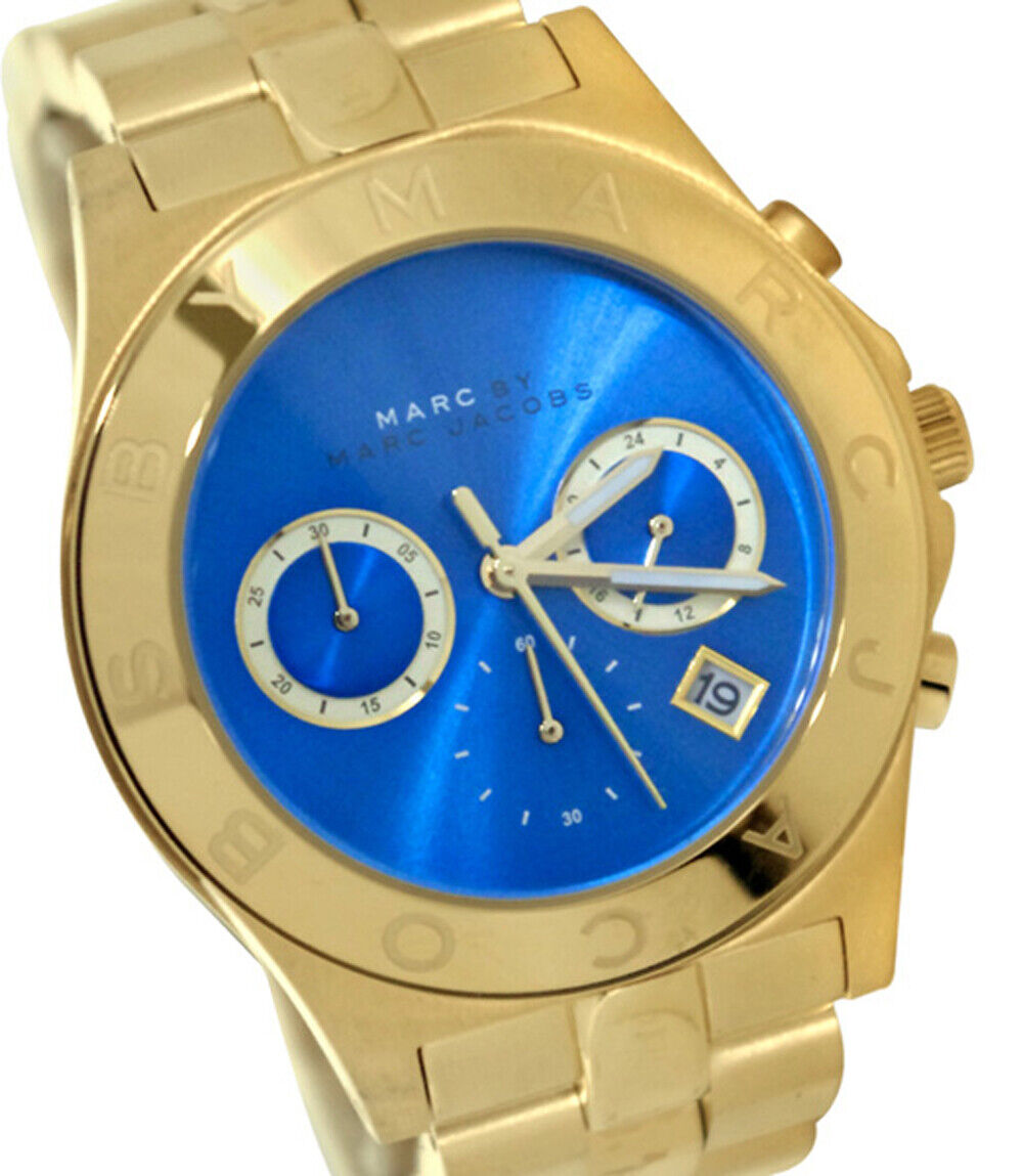 Marc Jacobs Blade Chronograph Blue Dial Gold Steel Strap Watch for Women - MBM3307