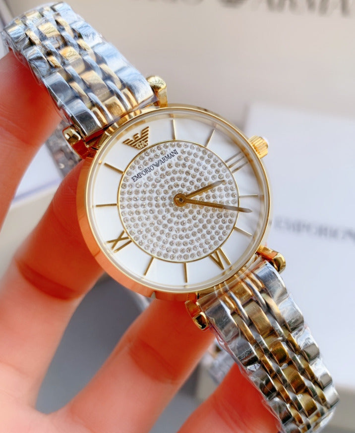 Emporio Armani Gianni T Bar Analog White Dial Two Tone Steel Strap Watch For Women - AR2076