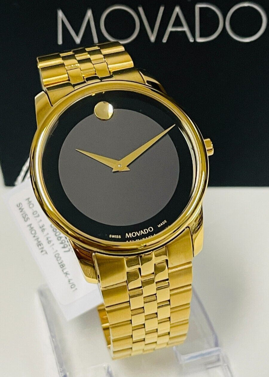 Movado Museum Black Dial Gold Steel Strap Watch For Men - 606997