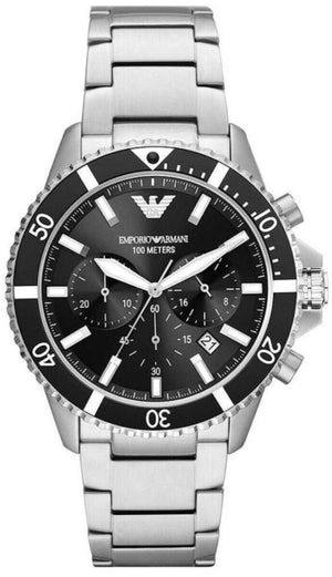 🎁 Emporio Armani Diver Chronograph Quartz Black Dial Silver Steel Strap Watch For Men - AR11360 (100% off)