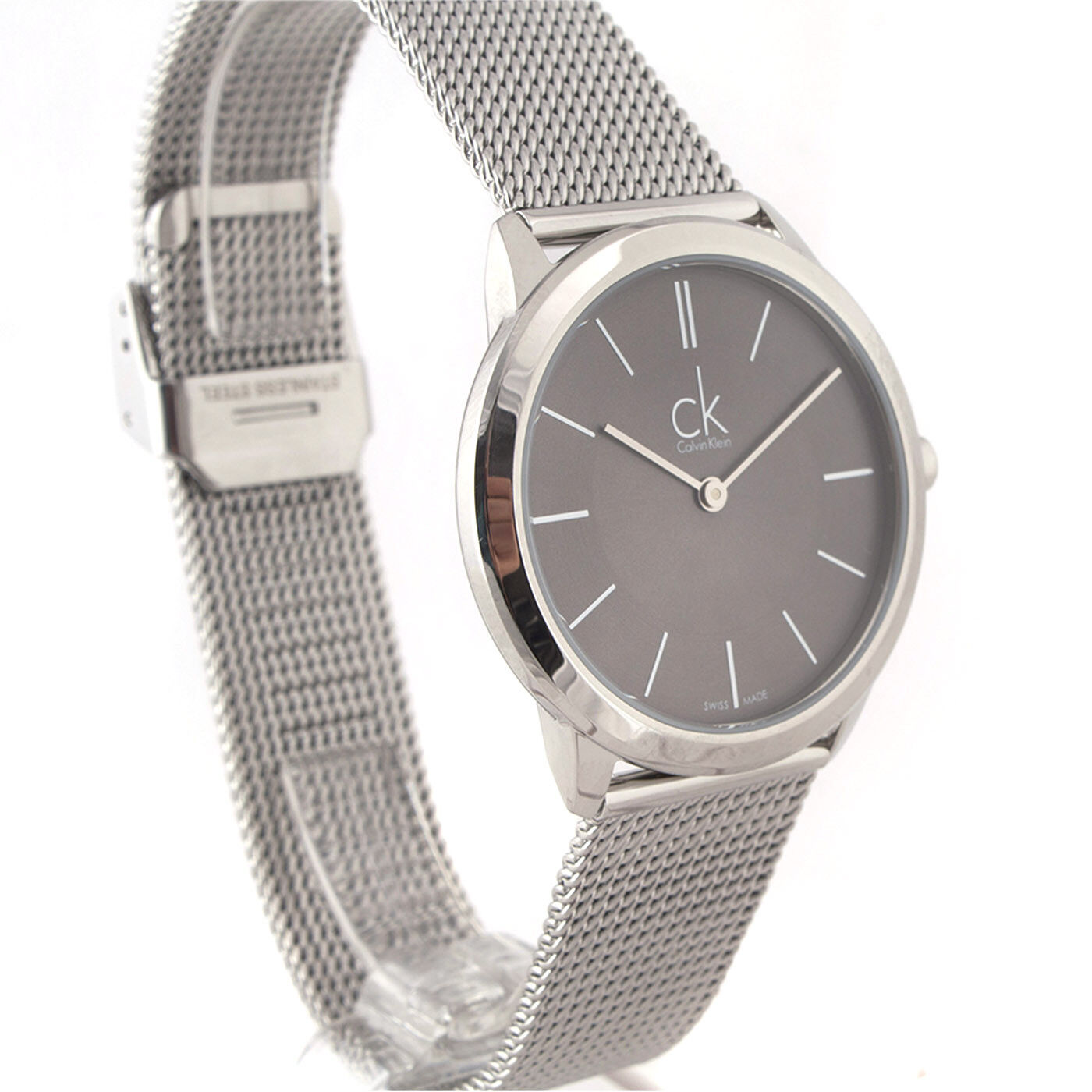 Calvin Klein Minimal Grey Dial Silver Mesh Bracelet Watch for Men - K3M22124