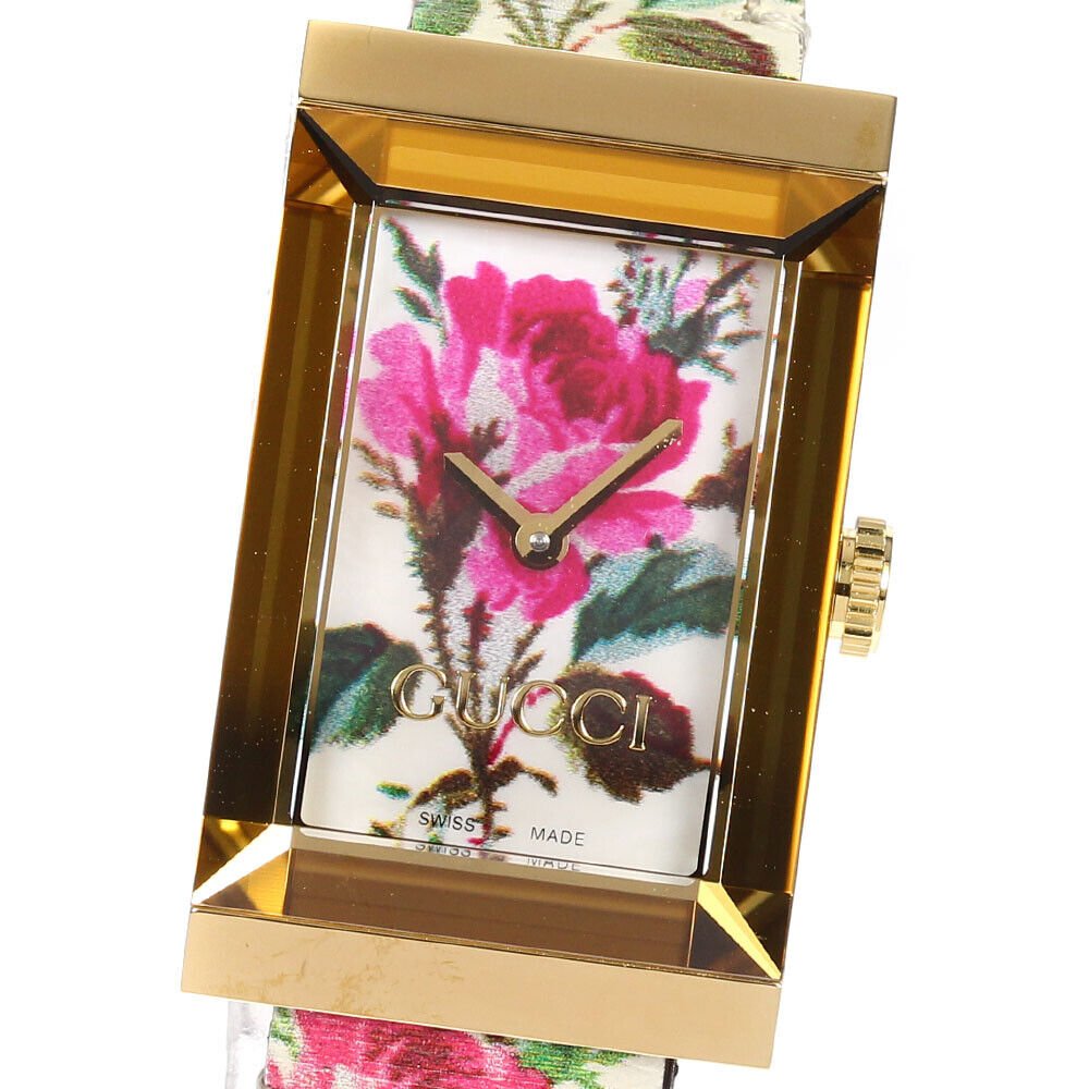 Gucci G-Frame Floral Mother of Pearl Dial White Leather Strap Watch For Women - YA147406
