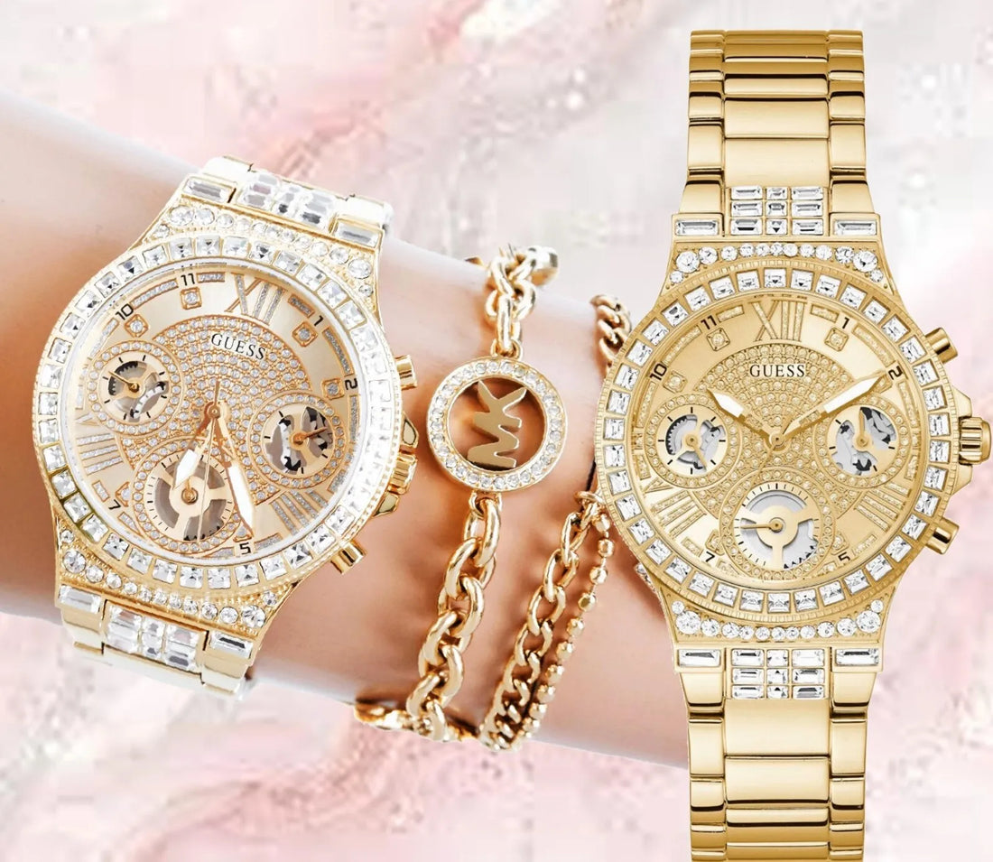 Guess Moonlight Multi Function Diamonds Gold Dial Gold Steel Strap Watch for Women - GW0320L2
