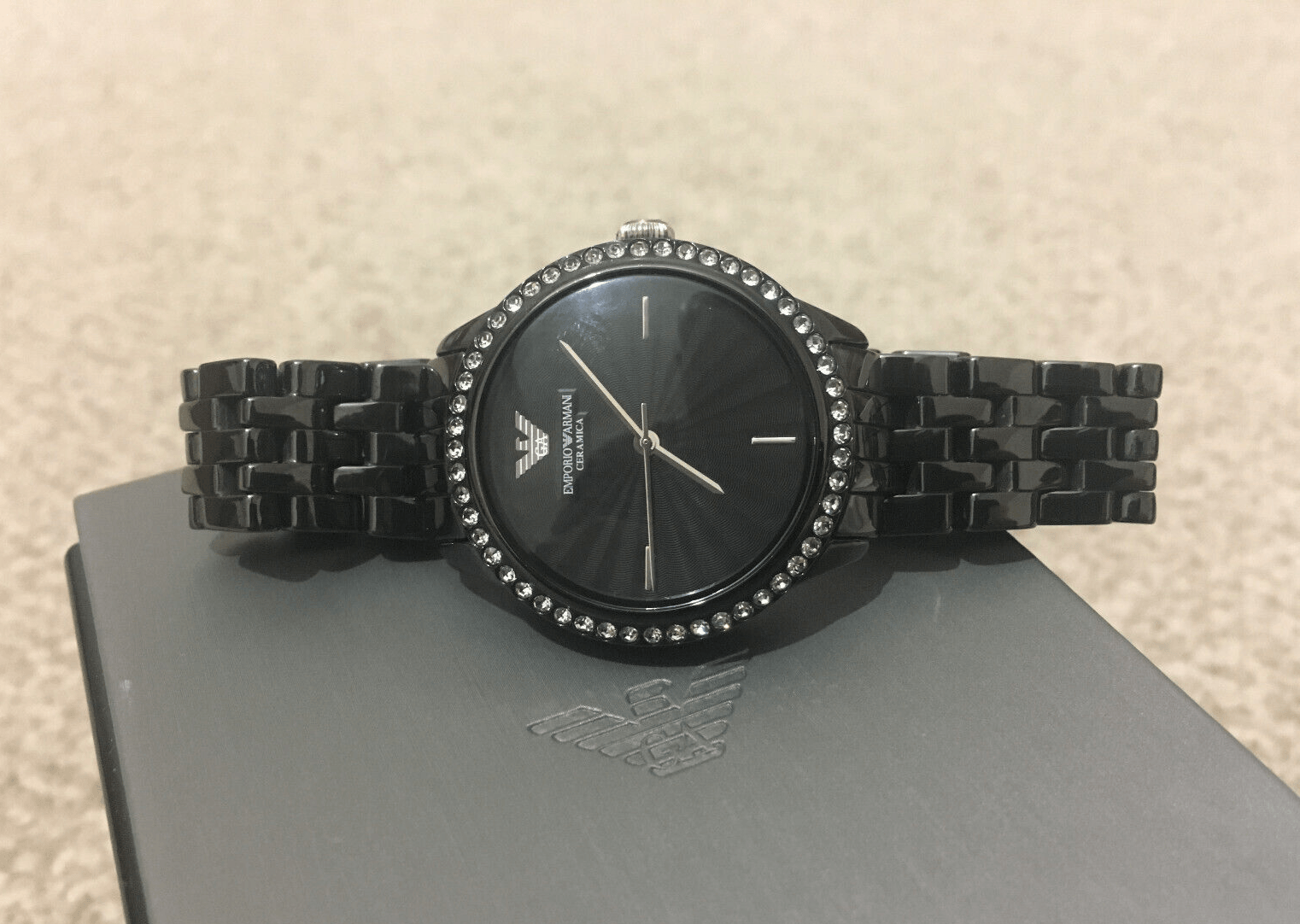 Emporio Armani Ceramica Crystals Black Dial Black Ceramic Strap Watch For Women - AR1478