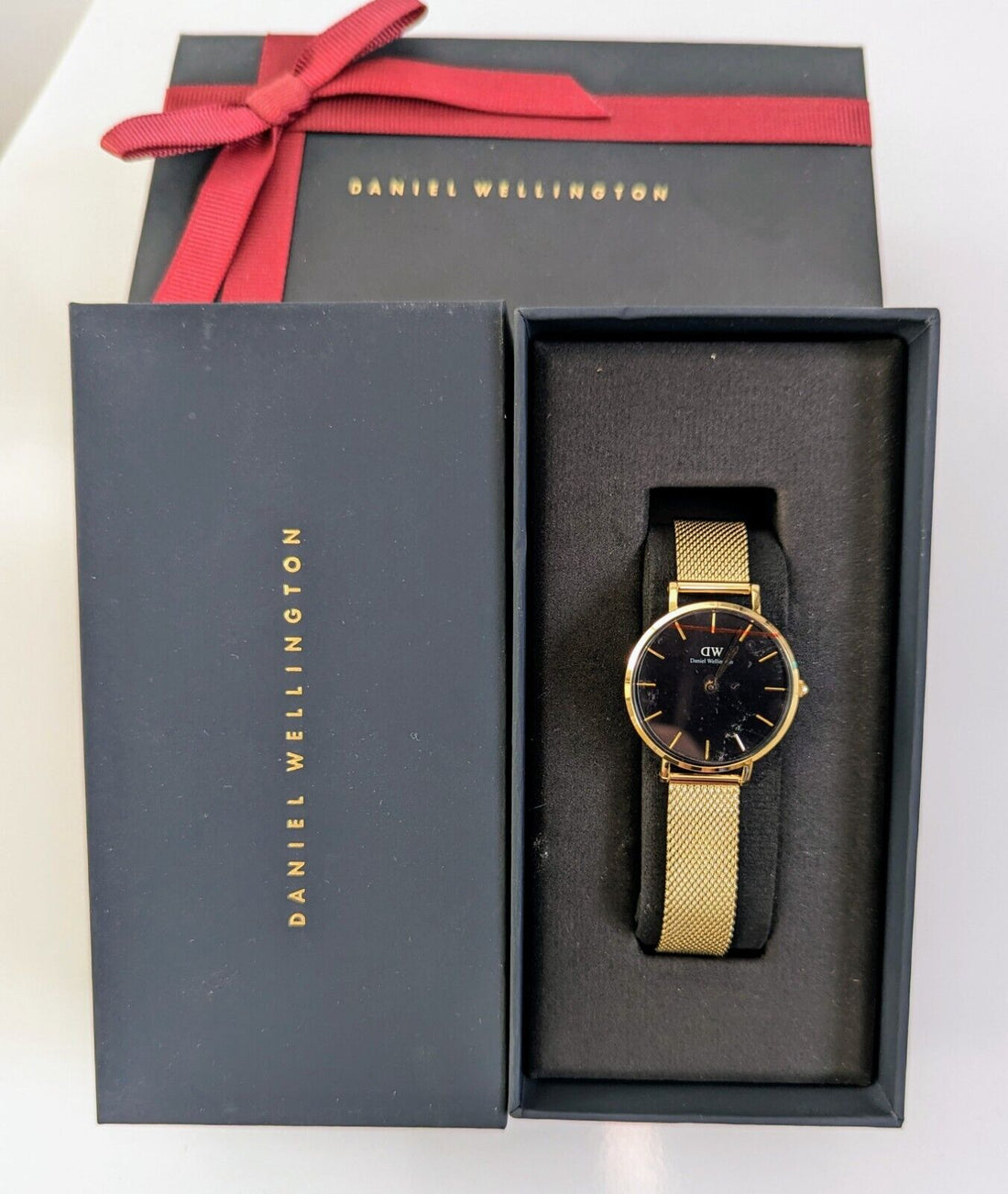 Daniel Wellington Classic Petite Evergold Black Dial Gold Mesh Bracelet Watch For Women - DW00100349