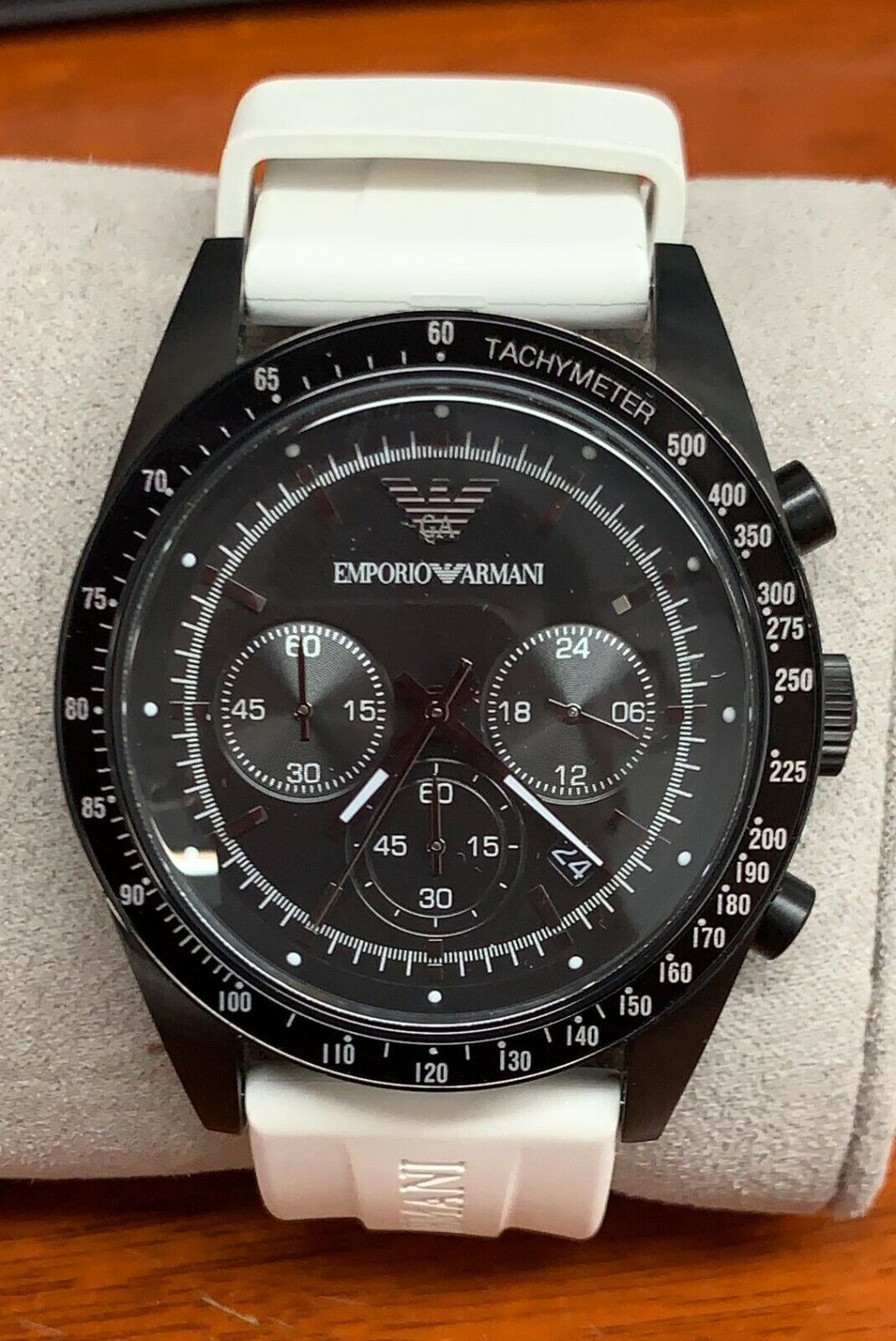 Emporio Armani Sportivo Chronograph Black Dial White Rubber Strap Watch For Men - AR6112