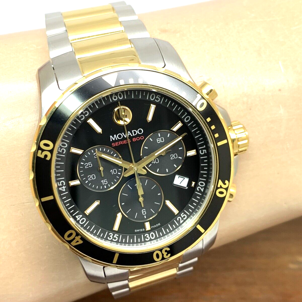 Movado Series 800 Chronograph Black Dial Two Tone Steel Strap Watch For Men - 2600146