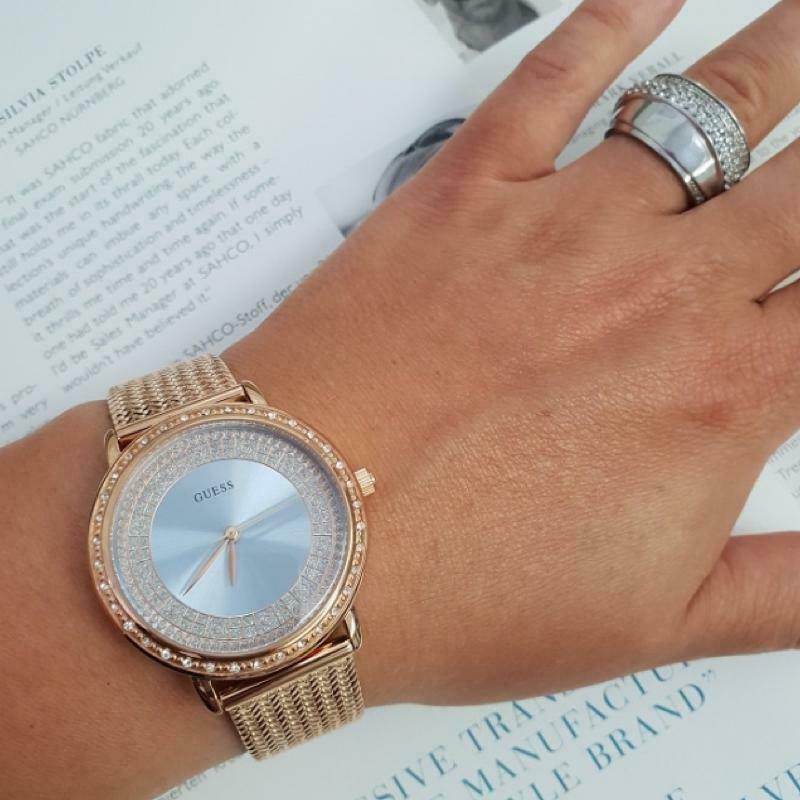 Guess Willow Crystal Blue Dial Rose Gold Mesh Bracelet Watch For Women - W0836L1