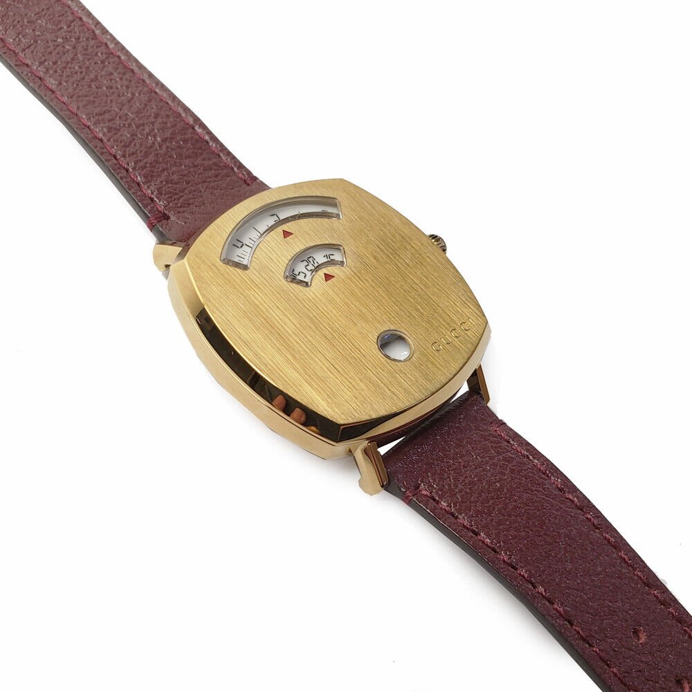 Gucci Grip Quartz Yellow Gold Dial Maroon Leather Strap Watch For Women - YA157405
