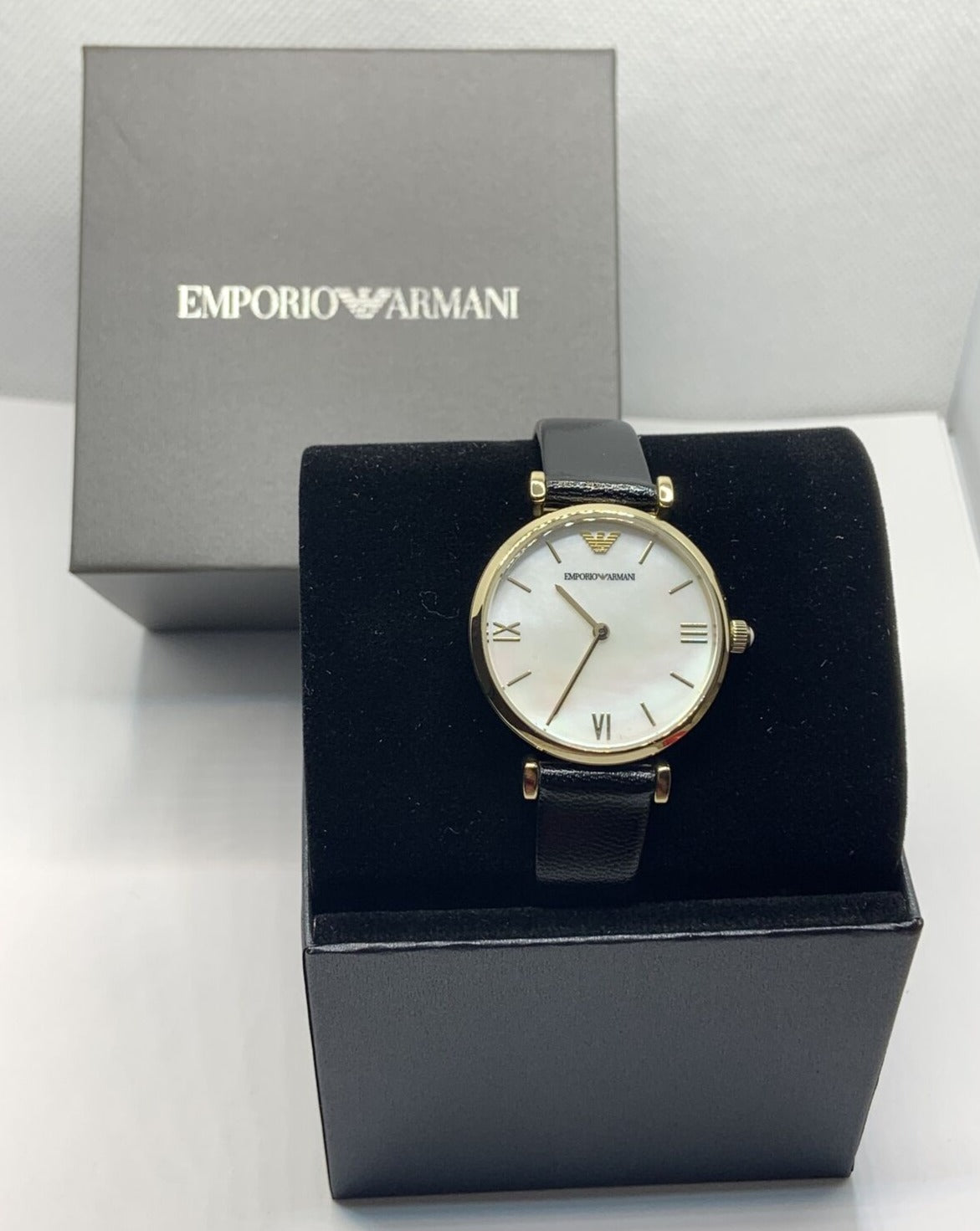 Emporio Armani Gianni T-Bar Quartz Mother of Pearl Dial Black Leather Strap Watch For Women - AR1910